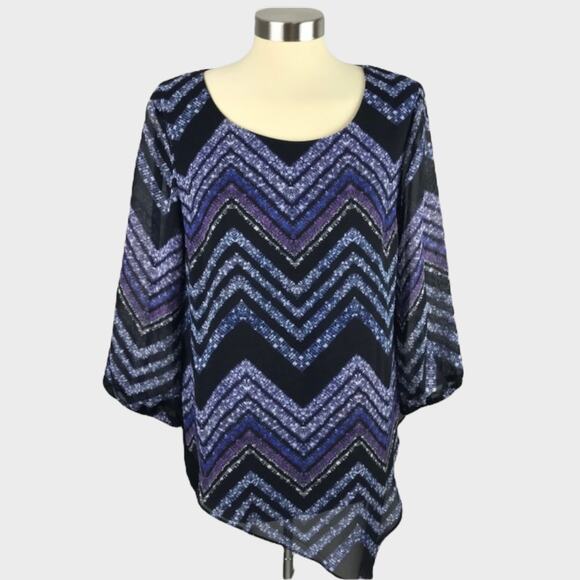 AB Studio Womens M Blouse Black Blue Chevron Stripe 3/4 Sleeve Polyester - Picture 1 of 8